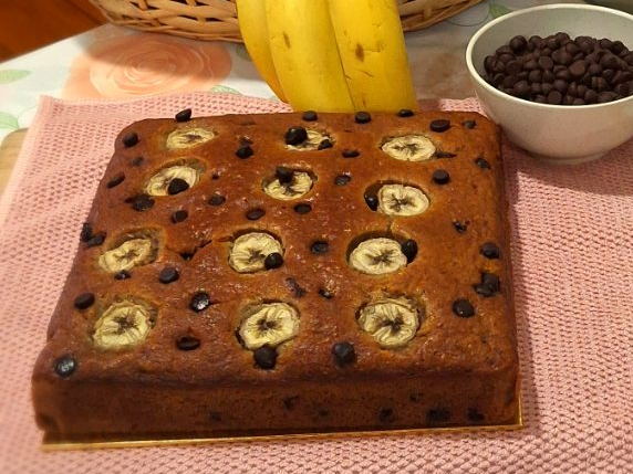 Chocolate chip banana cake studded with chocolate chips and banana slices